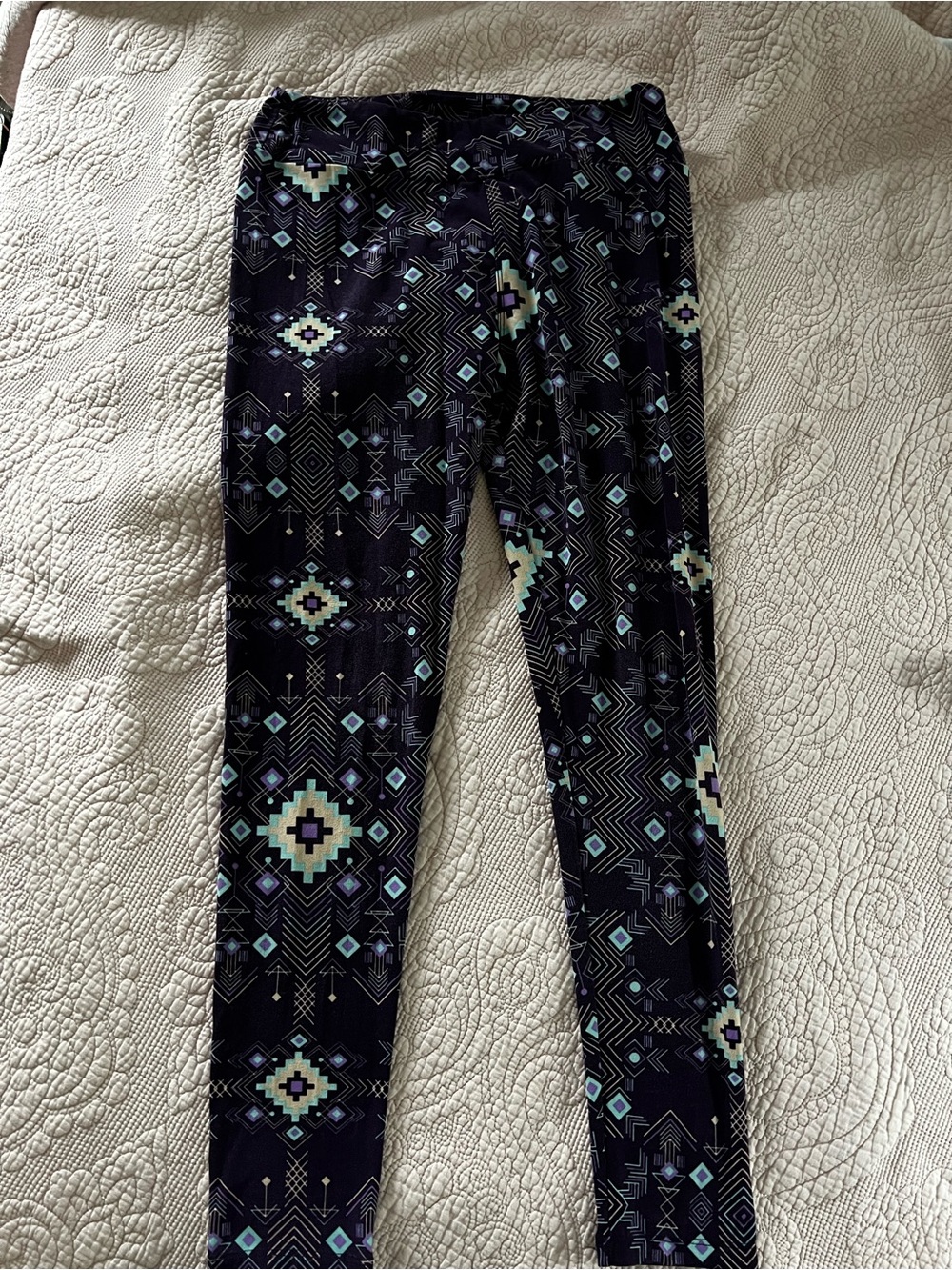 LuLaRoe Black Leggings with Light Blue and Cream Aztec Print